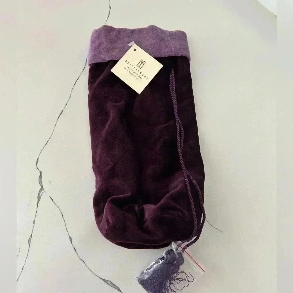 New Pottery Barn Purple Plum Velvet Wine bottle Bag 12"x7 Hostess’s Gift Vintage